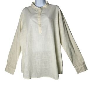 NWT COOFANDY Cream Linen Blend Mandarin Collar Henley Tunic Shirt Top Women L